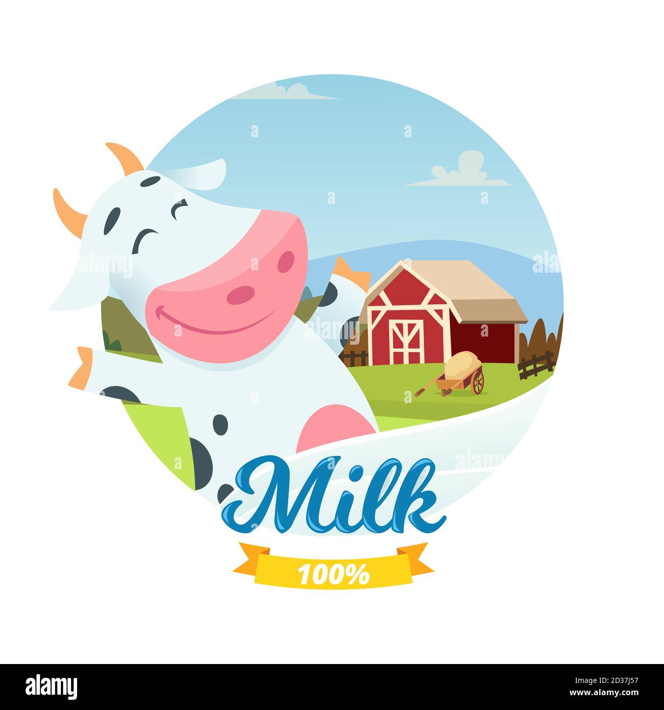 Frische Bauernhof Milch Vektor-Banner mit Cartoon-Charakter glücklich Kuh Stock Vektor