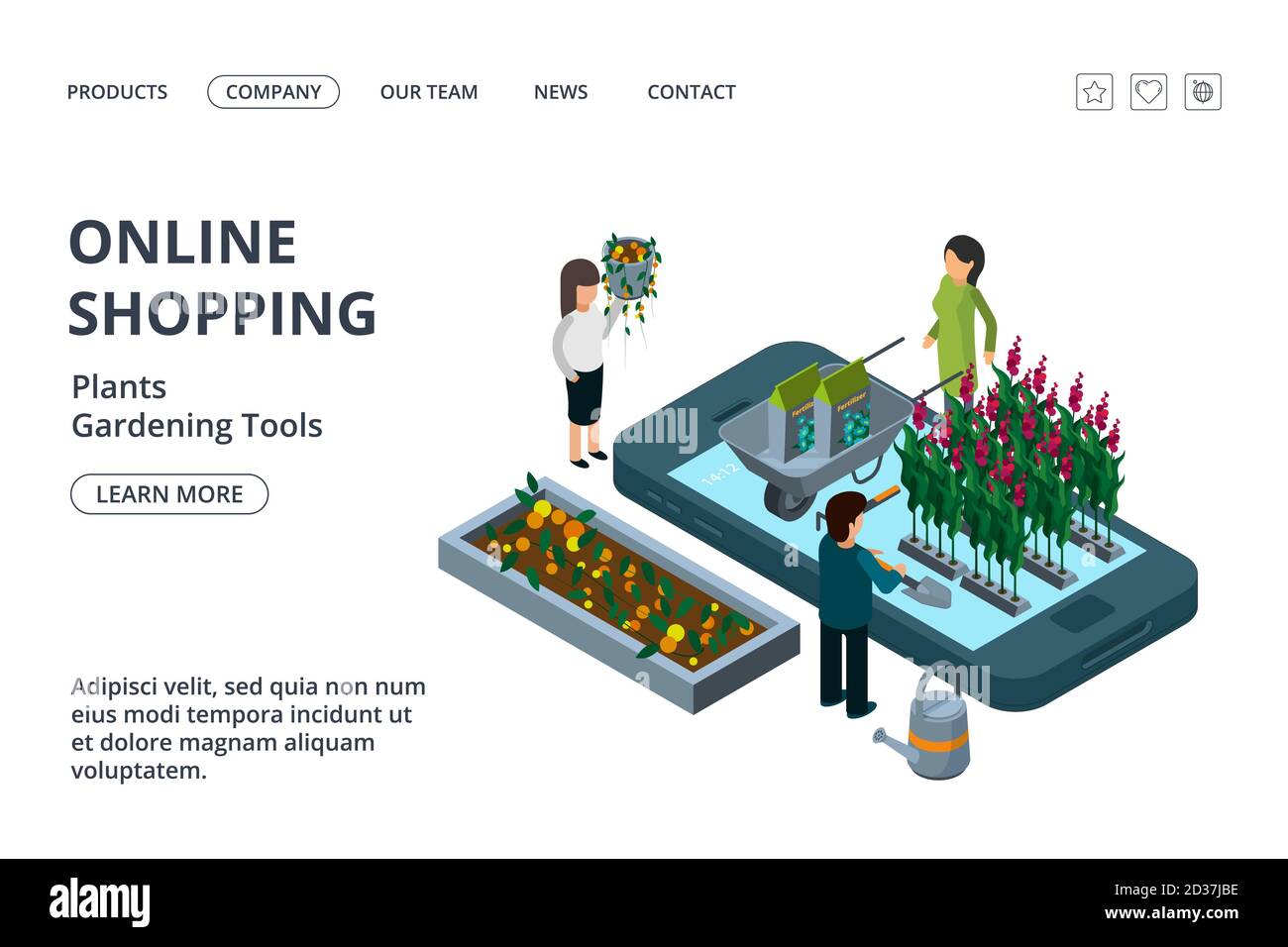 Gartengeräte, Pflanzen und Blumen Online-Shop. Vektor isometrische Online-Gartenarbeit Landing Page Vorlage Stock Vektor