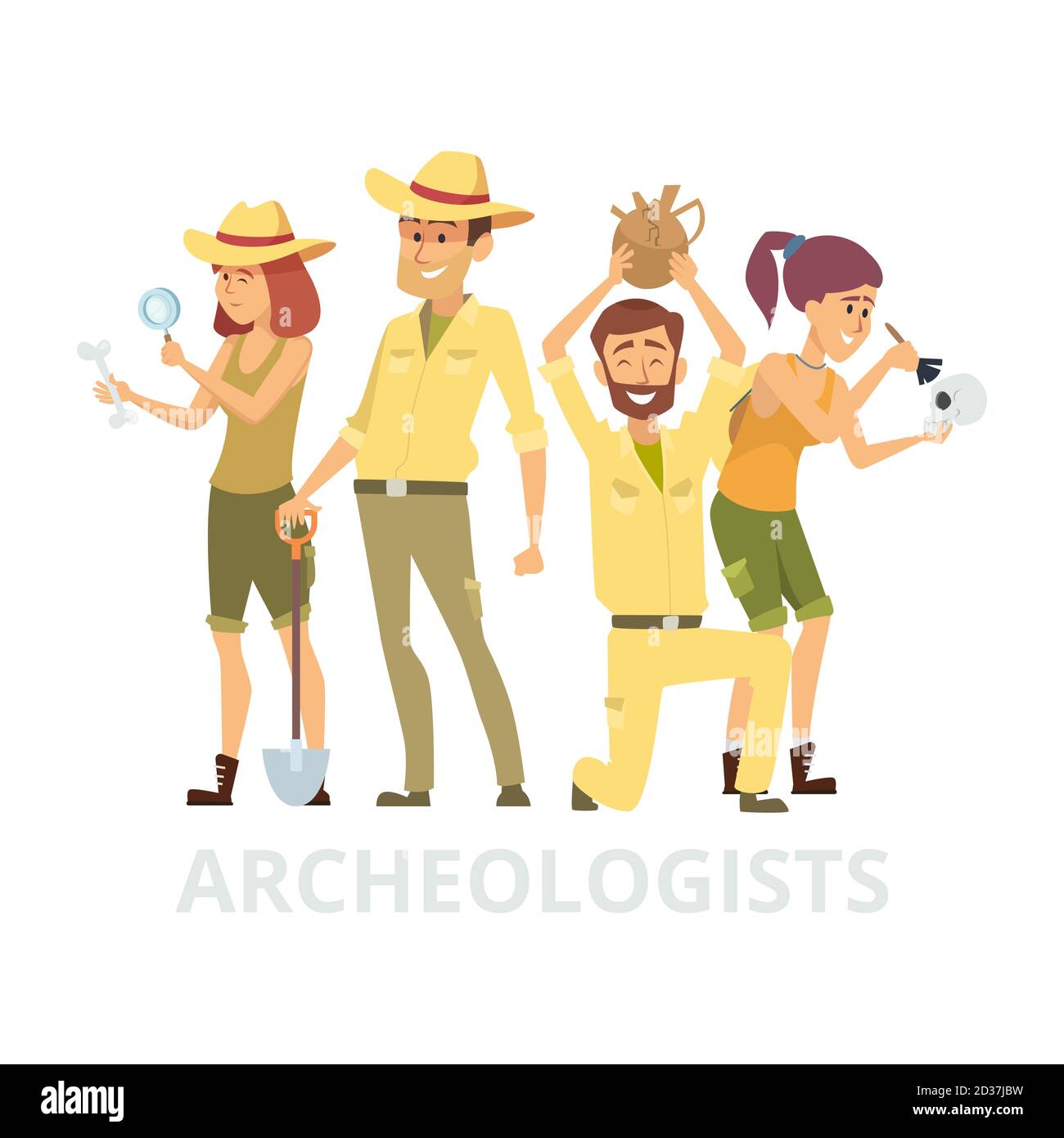Gruppe von Archäologen auf weißem Hintergrund isoliert. Vektor archaelogists Zeichen Illustration Stock Vektor