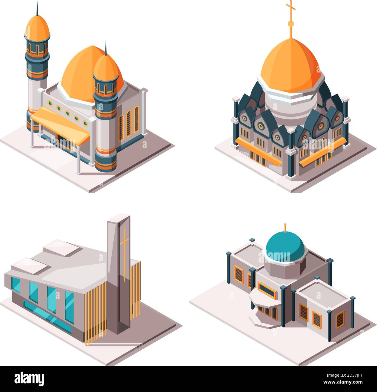 Religiöse Gebäude. Muslimische Moschee lutherische Kirche christliche und katholische Kultur traditionelle Religion isometrische Vektor-Objekte Stock Vektor