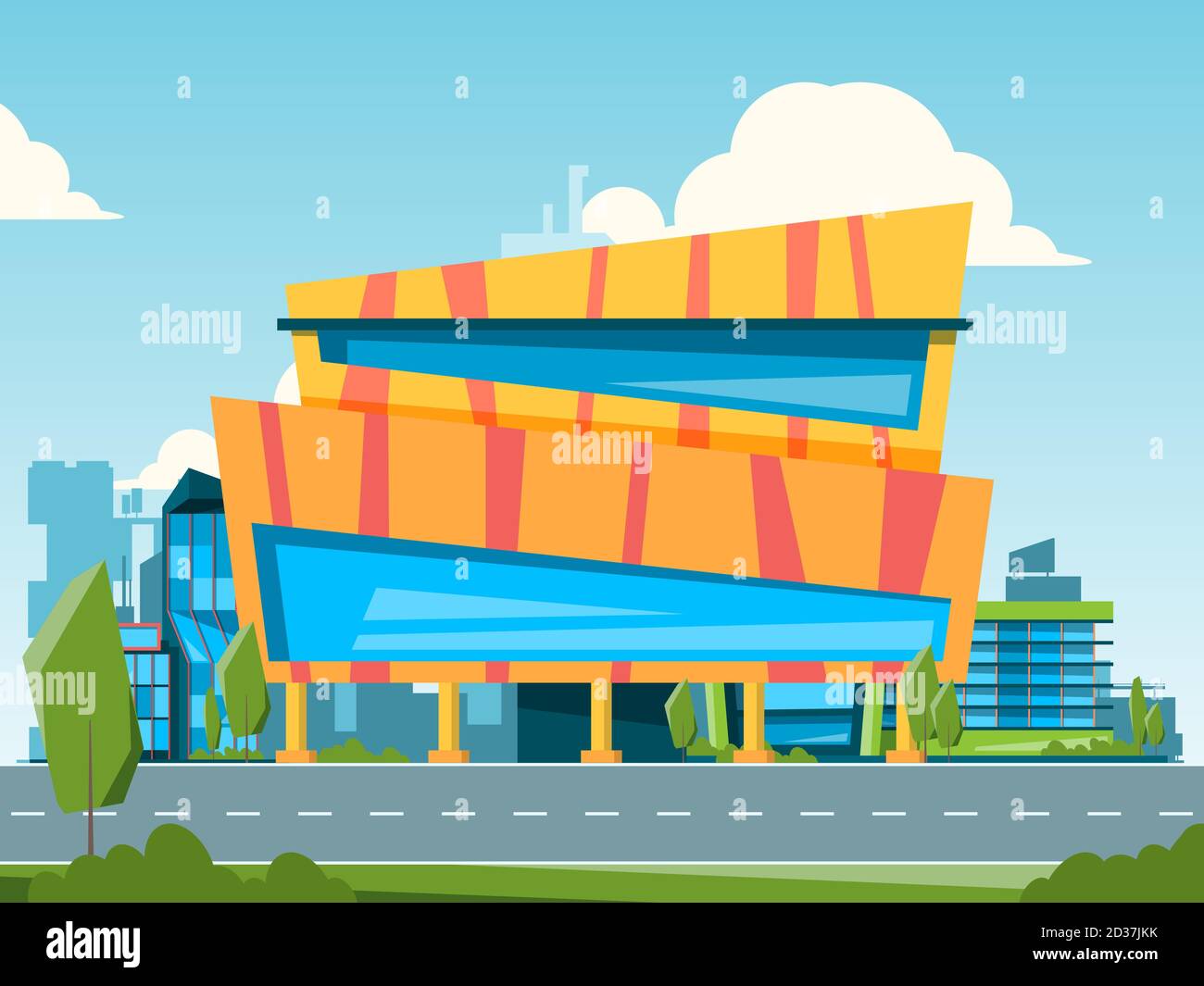 Einkaufszentrum. Stadtlandschaft mit Hypermarkt und Ladenbauten Häuser Vektor flache Illustration Stock Vektor