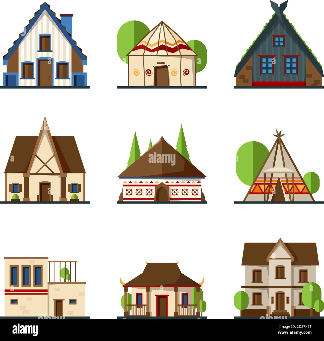 Traditionelle Gebäude. Häuser und Konstruktionen aus verschiedenen Ländern europa asiatische indische afrikanische Zelt Vektoren Stock Vektor
