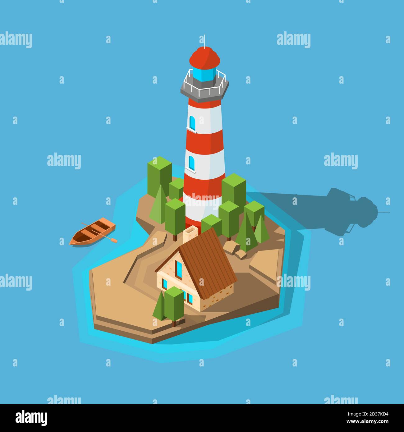 Leuchtturm isometrisch. Meer Ozean Boot Strand kleine Insel mit Navigation Leuchtturm und Gebäude Vektor Bild Stock Vektor