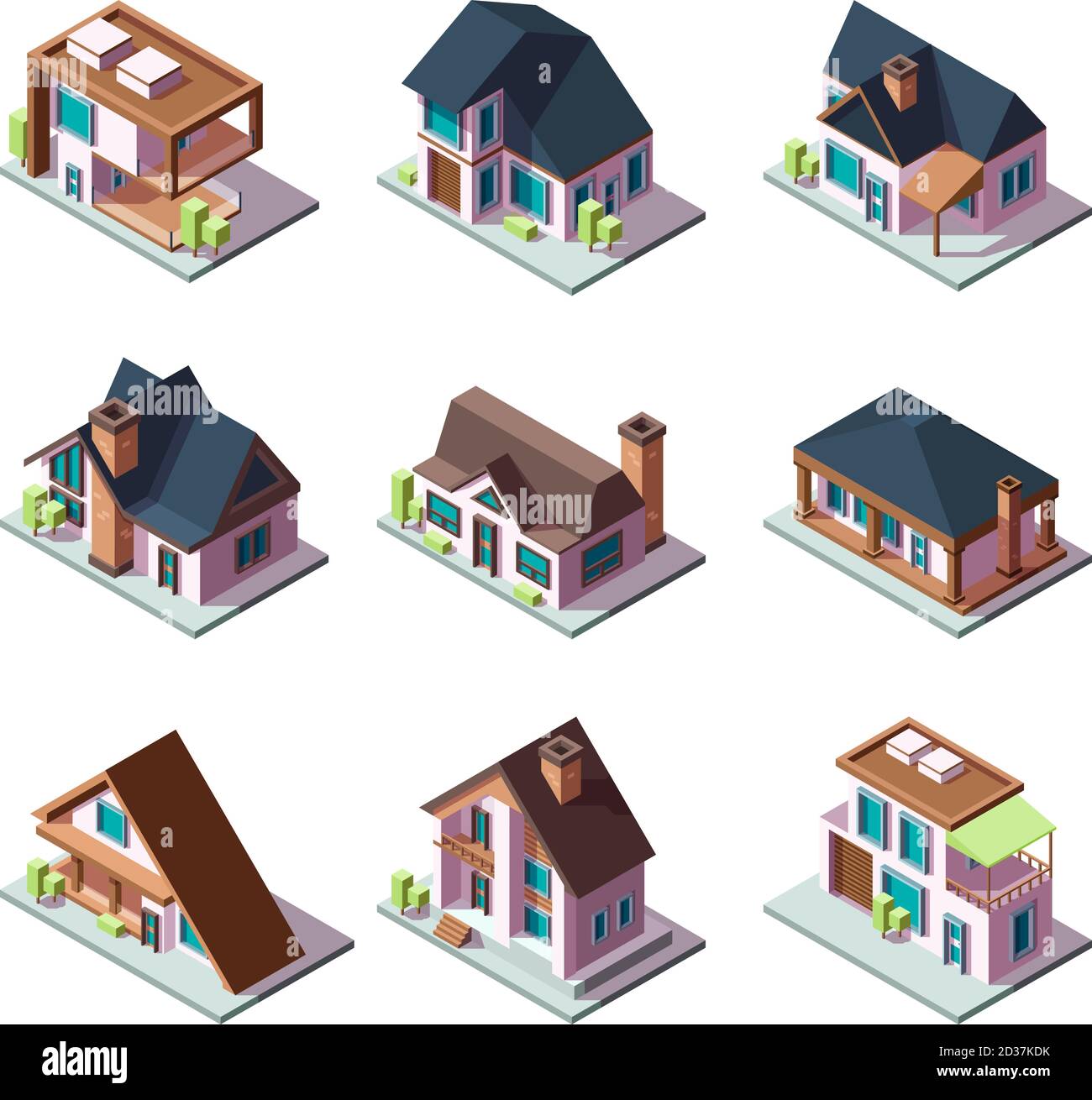 Private moderne Häuser. Stadt Wohnmodelle von Gebäuden Miniatur 3d Low-Poly-Vektor isometrische Illustrationen Stock Vektor