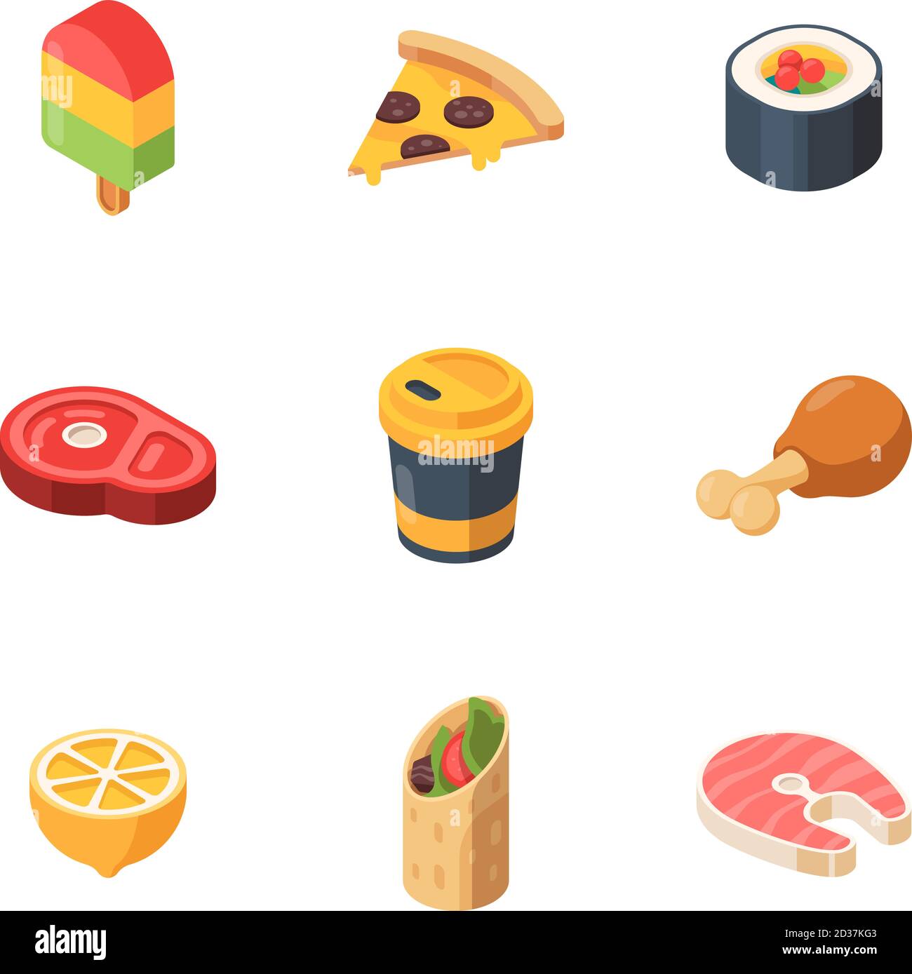 Isometrische Lebensmittel. Sushi Mahlzeit Brot Obst Fisch Vektor low Poly 3d Website-Icons Stock Vektor