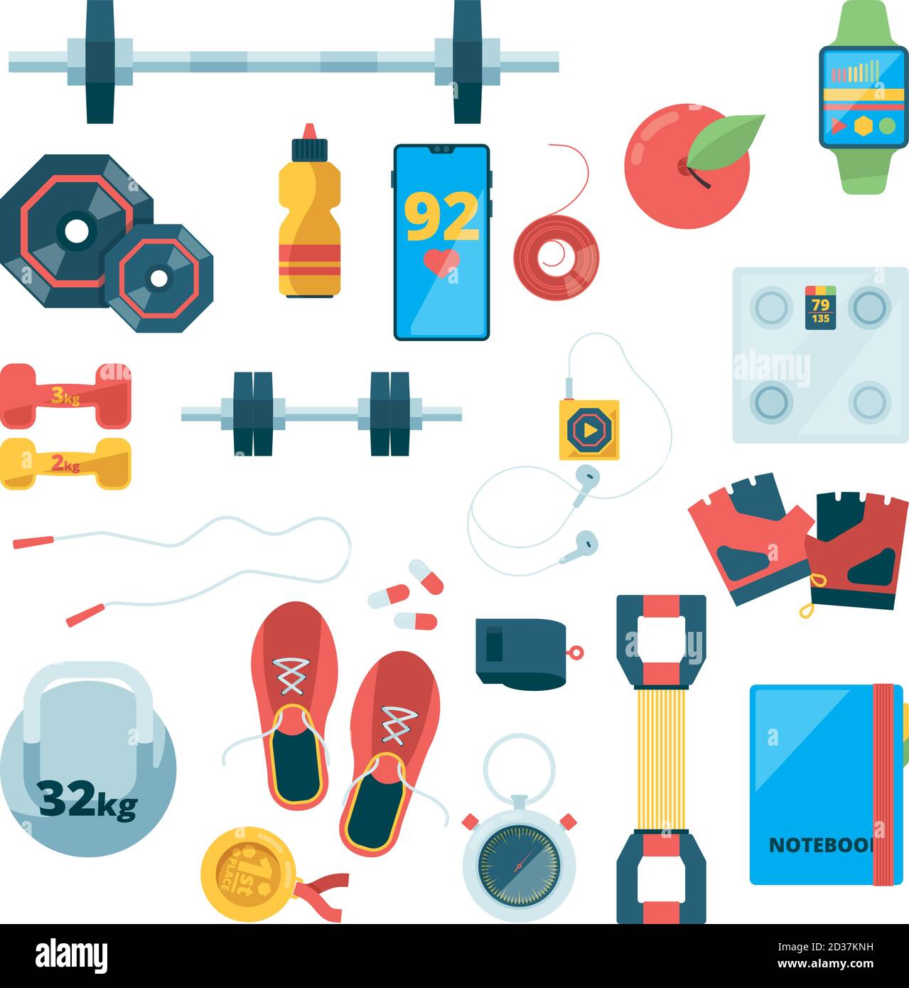 Sportobjekte Draufsicht. Fitness Trainingsgeräte Laufschuh Stahl Kurzhanteln gesundes Konzept Sport Getränke Vektor Stock Vektor