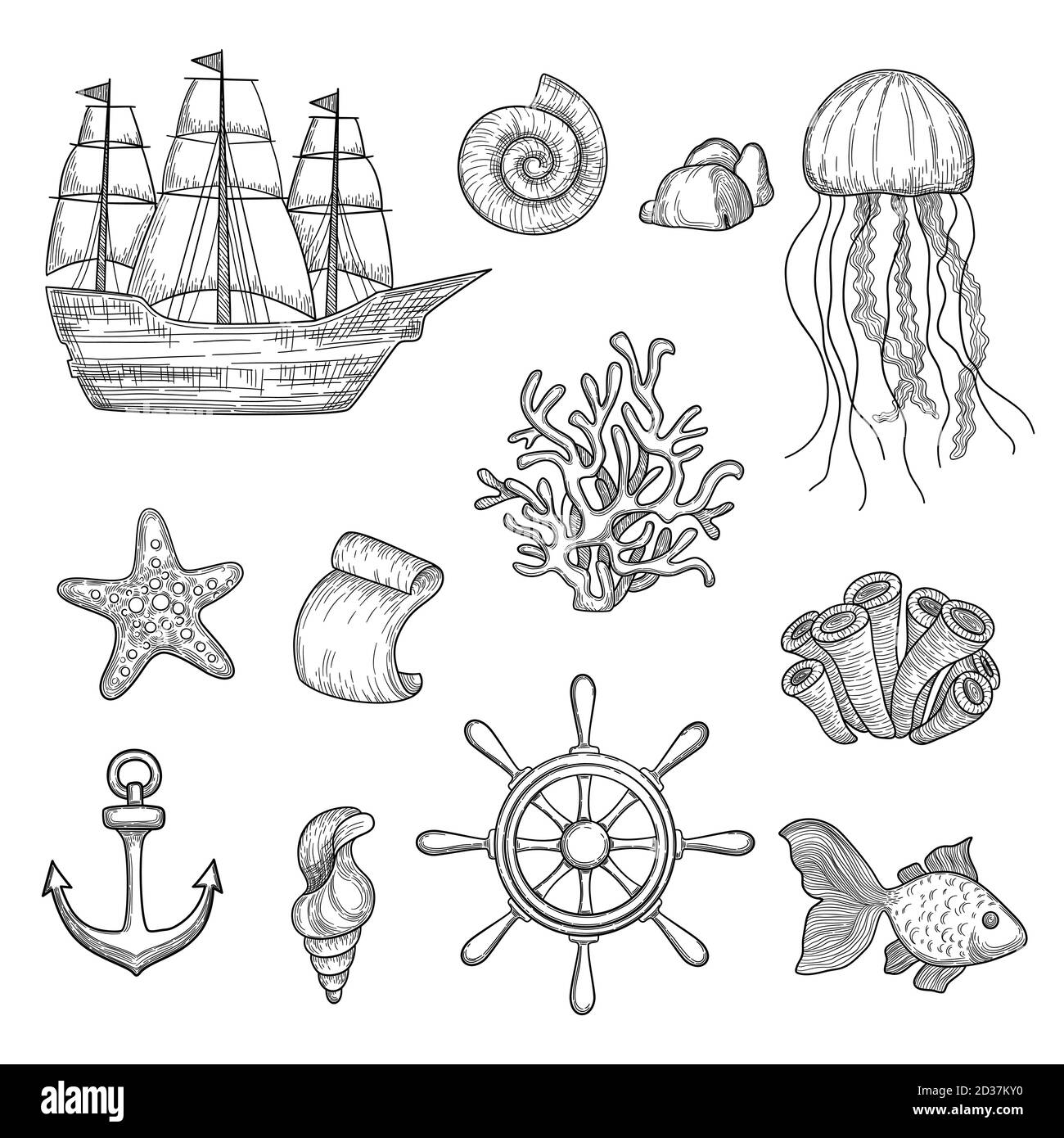Nautische Elemente. Ozean Fisch Muscheln Boote Schiffe Knoten Reise marine Symbole Vektor Hand gezeichnet Sammlung Stock Vektor