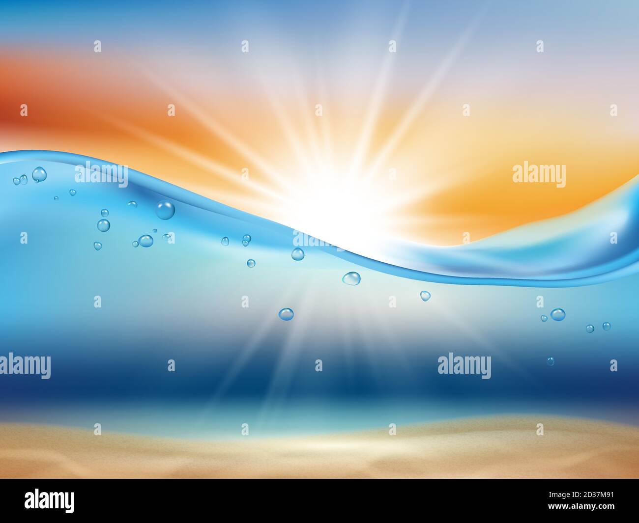 Ozean Welle Hintergrund mit Sonne. Wasserlandschaft mit Sonnenaufgang oder Sonnenuntergang und Unterwasserleben flüssige Oberfläche spritzt Tropfen und Blasen 3d realistisch Stock Vektor