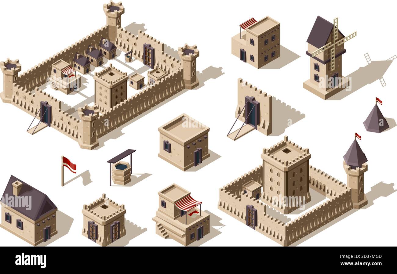 Mittelalterliche Gebäude. Alte architektonische Objekte Dorf und Burgen Vektor isometrische für Spiele Stock Vektor