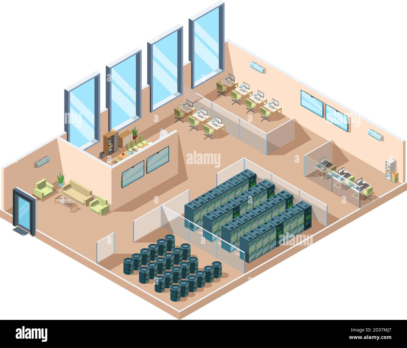 Rechenzentrum. Computer Serverräume Innenraum Kühlung Generatoren Batterie Container Industrie Rechenzentrum Gebäude Vektor isometrisch Stock Vektor