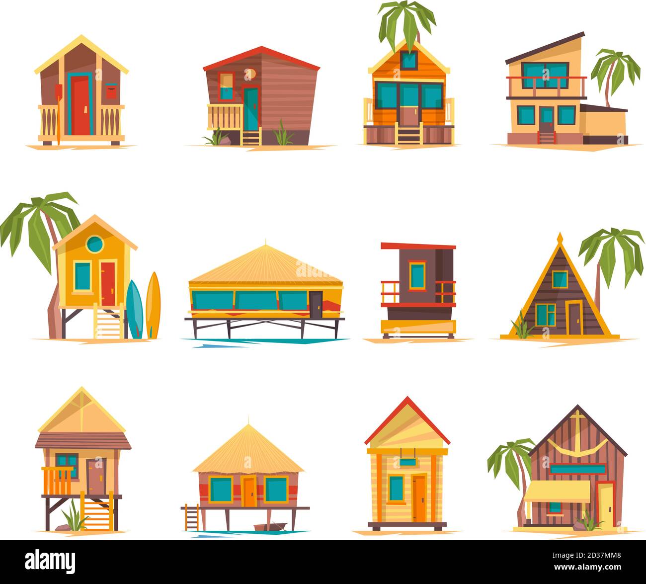 Strandhäuser. Lustige Gebäude für Sommerurlaub tropischen Bungalow Hütten und Konstruktionen Vektor Stock Vektor