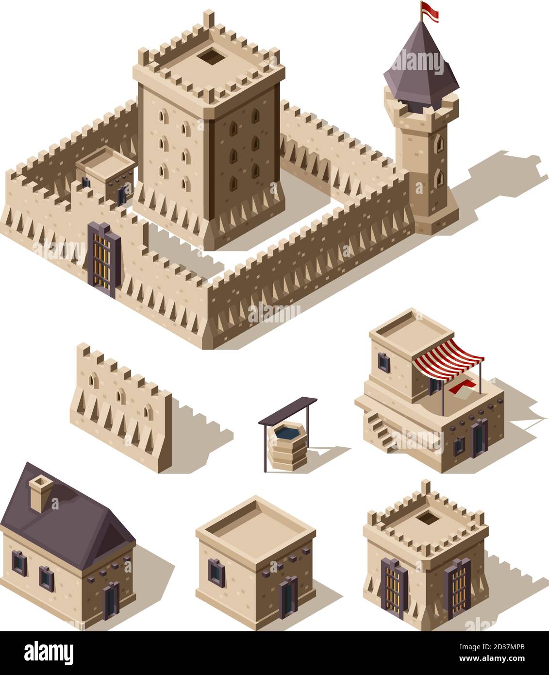 Burgen isometrisch. Mittelalterliche historische Cartoon-Architektur Gebäude alte Bauernhöfe Vektor-Burgen Stock Vektor