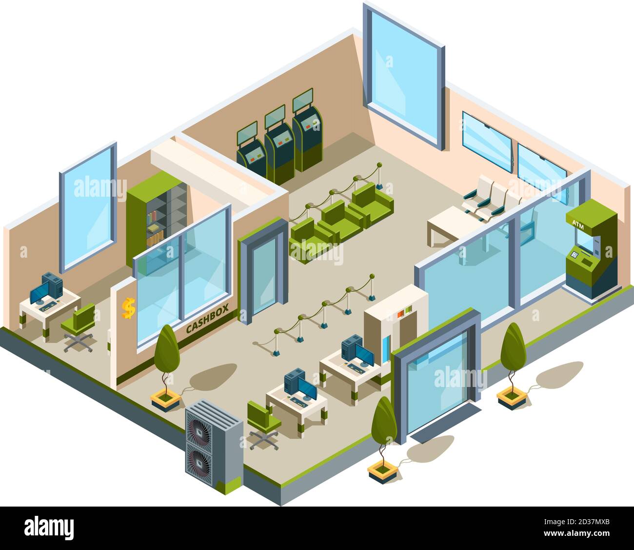 Bank isometrisch. Modernes Gebäude Innenbüro Open Space Banking Lobby Service-Raum für Manager Vektor 3d Low Poly Stock Vektor