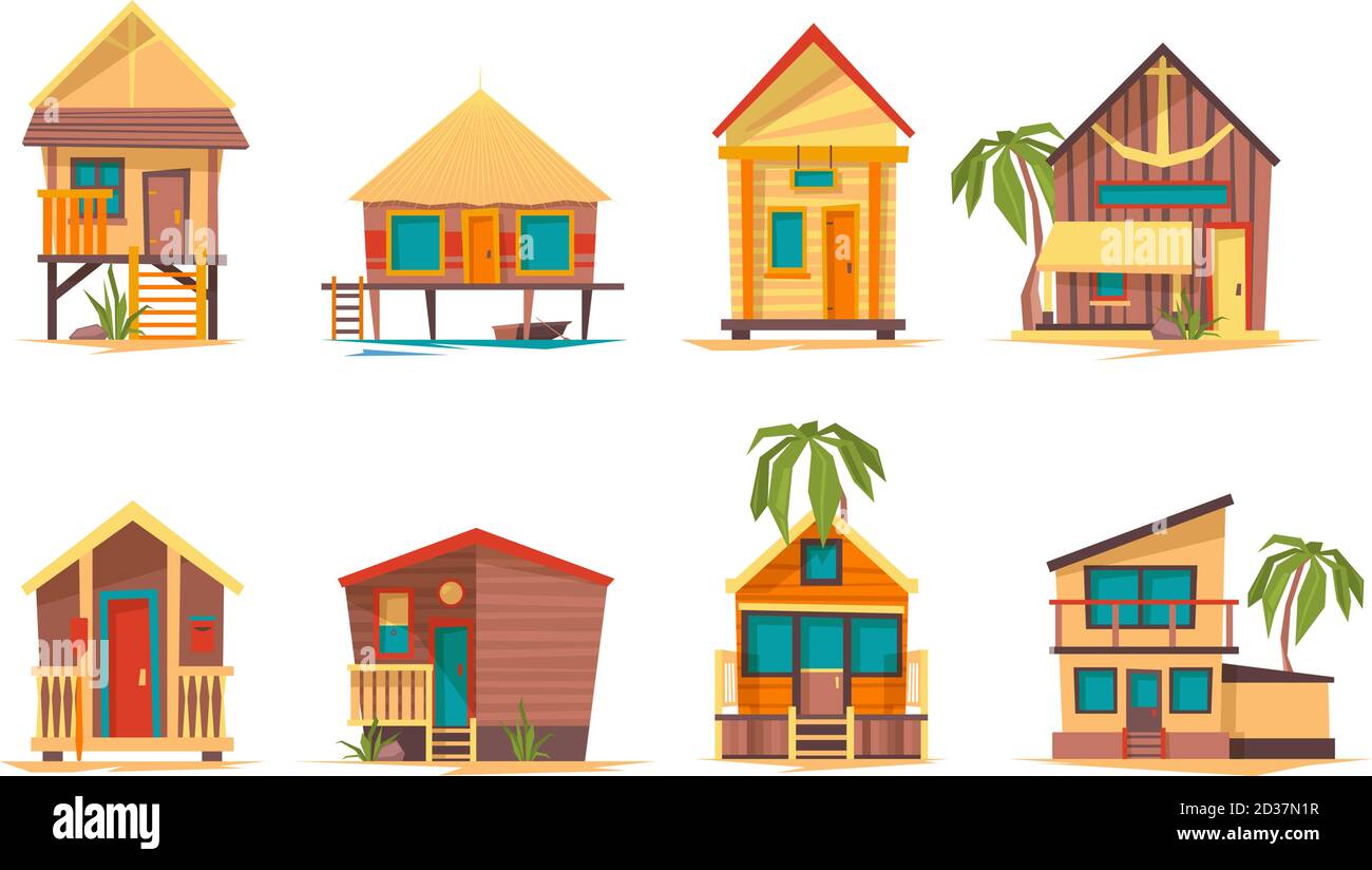 Tropische Häuser. Bungalow Strand Gebäude Insel Haus für Sommerurlaub Vektor flache Bilder Sammlung Stock Vektor