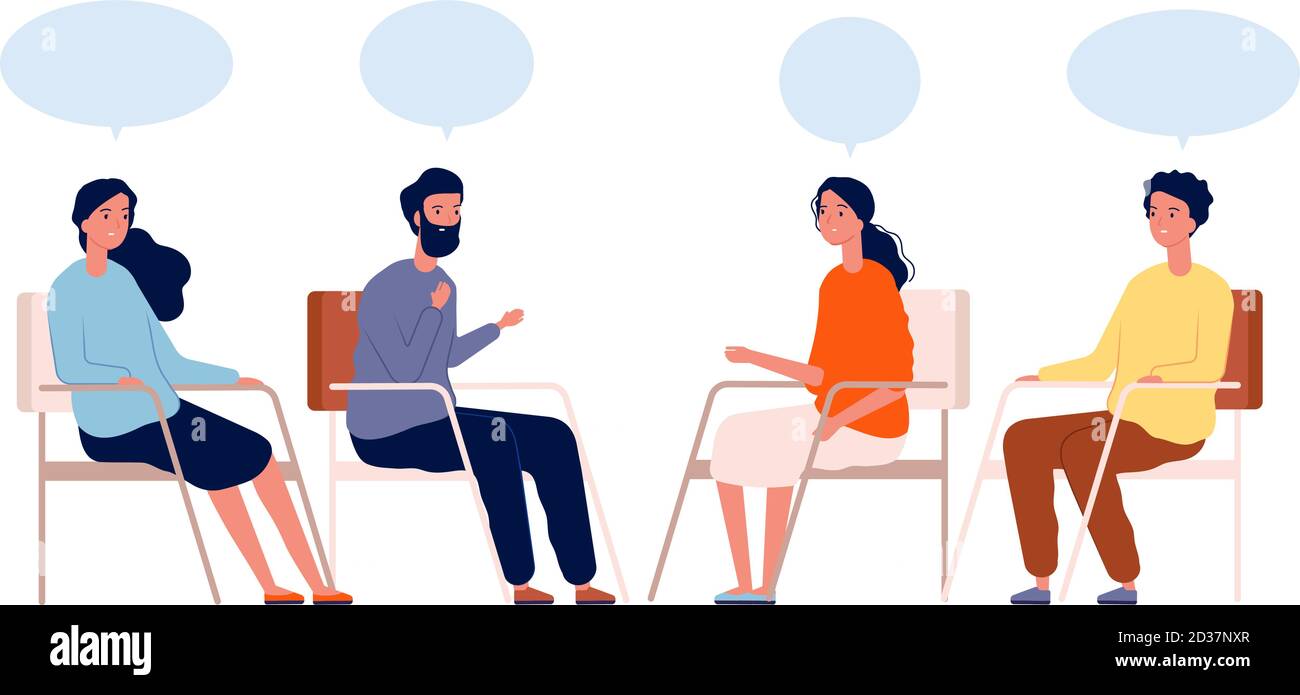 Gruppentherapie. Psychologe sitzend Hilfe Mentor Sitzung sucht Behandlung Vektor Zeichen Stock Vektor