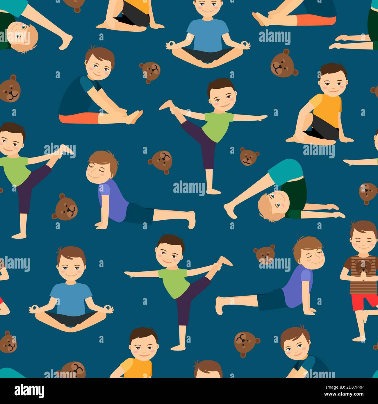 Niedliche Jungen Yoga-Trainingsmuster. Kinder Sport nahtlose Textur, Vektor-Illustration Stock Vektor