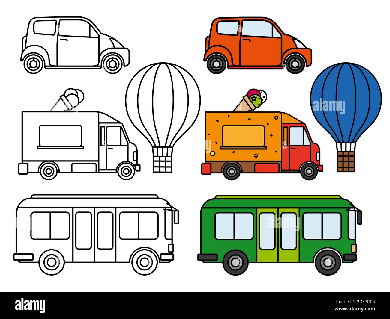 Linien- und farbenfrohe Transportvektoren eingestellt. Bus, Auto, Luftballon isoliert auf weißem Hintergrund Stock Vektor
