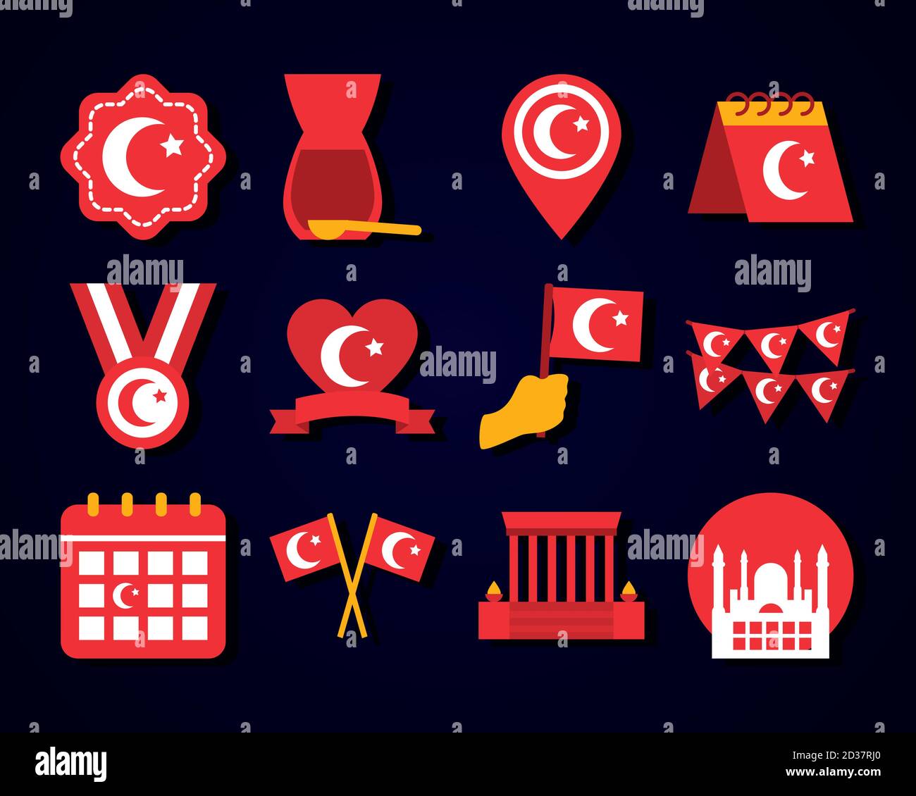 Kalender und türkei republik Tag Symbol auf schwarzem Hintergrund gesetzt, flache Stil, Vektor-Illustration Stock Vektor