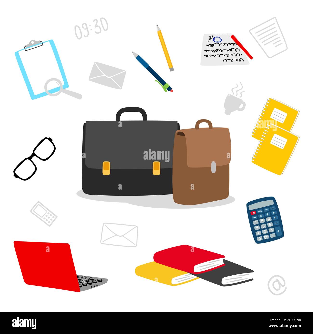 Koffer, Schreibwaren, Bücher, Notizblock Vektor-Symbole. Inhalt der Lehrertasche. Business- und Büroobjekt, Koffer und Papier, Schreibwaren und Aktentasche Illustration Stock Vektor