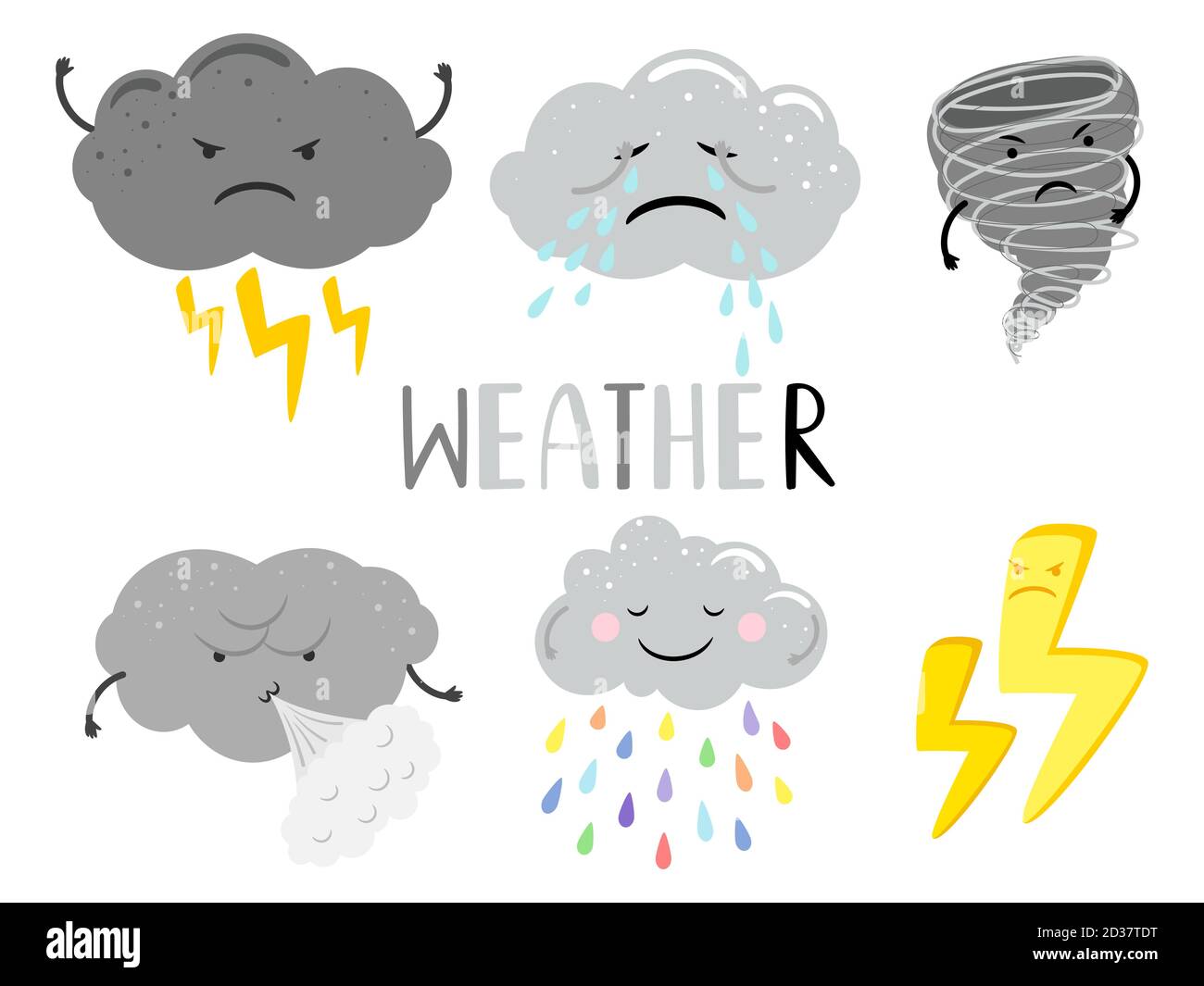 Bedeckt Wetter Cartoon Charakter Wolken isoliert auf weißem Hintergrund, Vektor-Illustration Stock Vektor