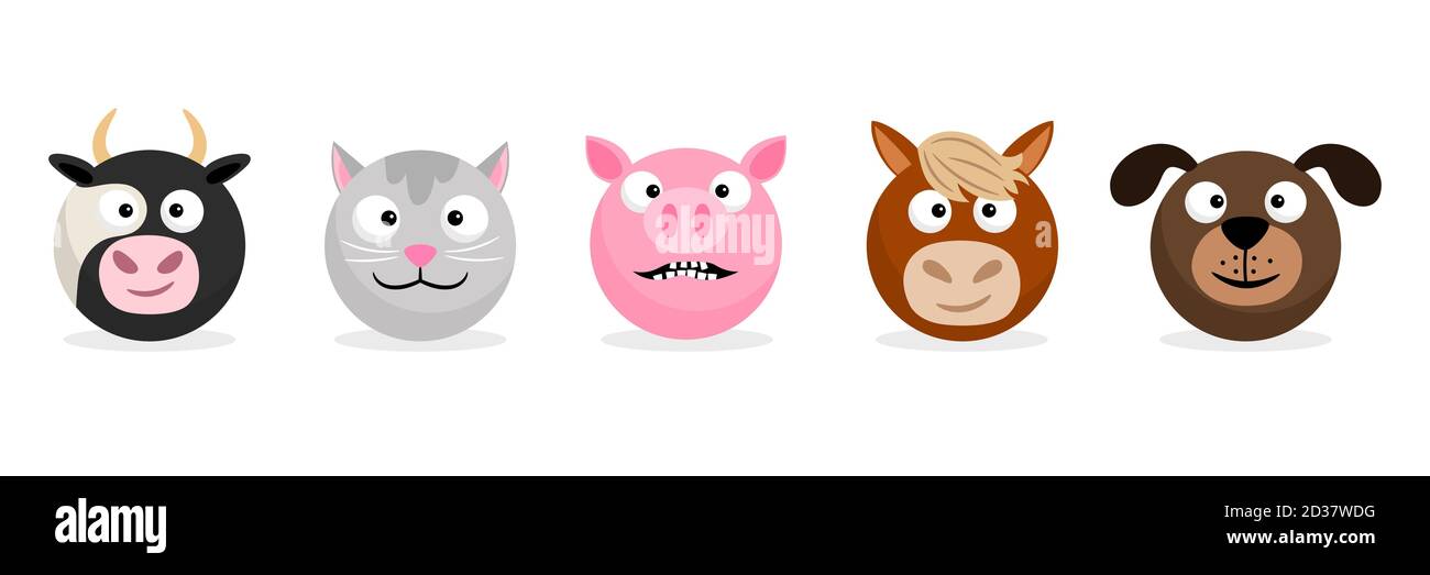 Tiere auf dem Bauernhof und Haustiere sind mit Emoticons konfrontiert. Vektor Cartoon Emojis. Illustration von Emoticon Tiergesicht, Kuh und Pferd, Ferkel und Hund Stock Vektor