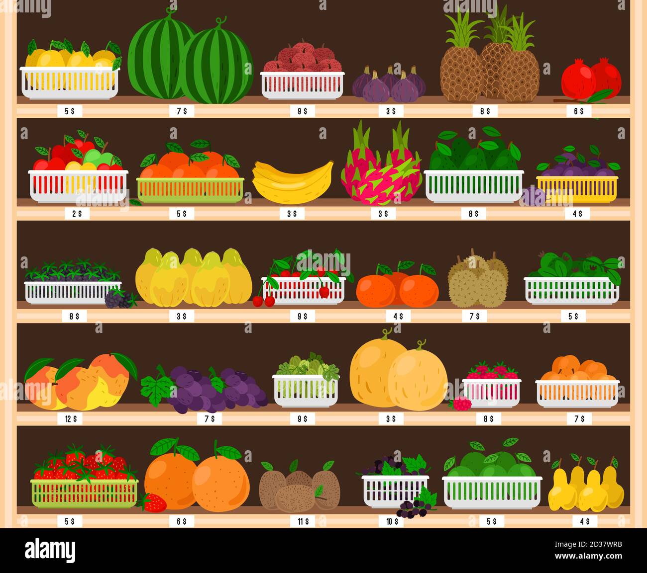 Obst Supermarkt Regale. Food Farm Store Interieur mit Obst Vitrine, frisches Lebensmittelgeschäft mit Öko reifen Äpfeln und Erdbeeren, Libelle und Ananas Vektor-Illustration Stock Vektor