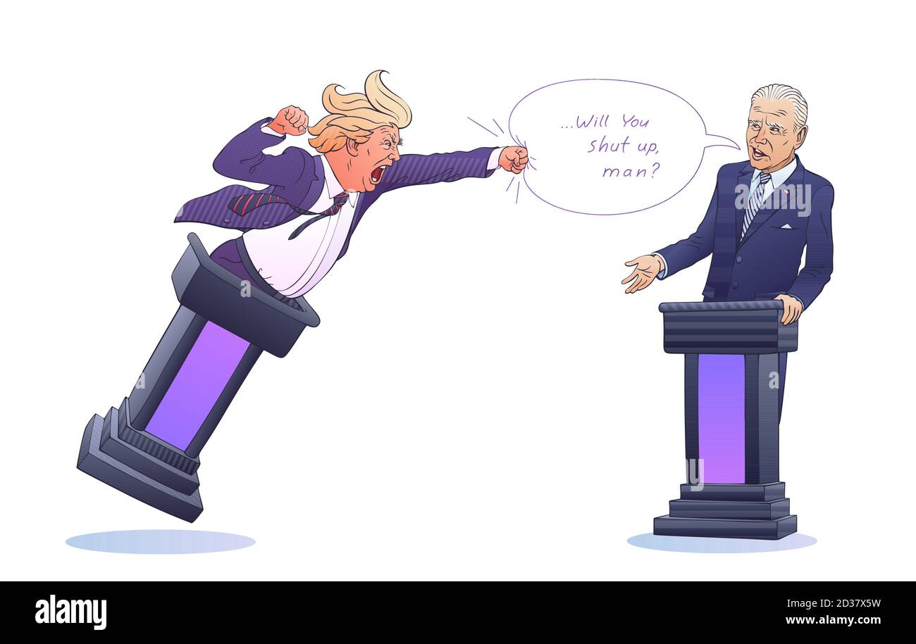 Präsidentschaftsdebatten zwischen Donald Trump und Joe Biden. Wütender Anwärter versucht, eine Sprechblase zu schlagen 'wirst du den Mund halten, Mann?' Politische Karikatur. Stock Vektor