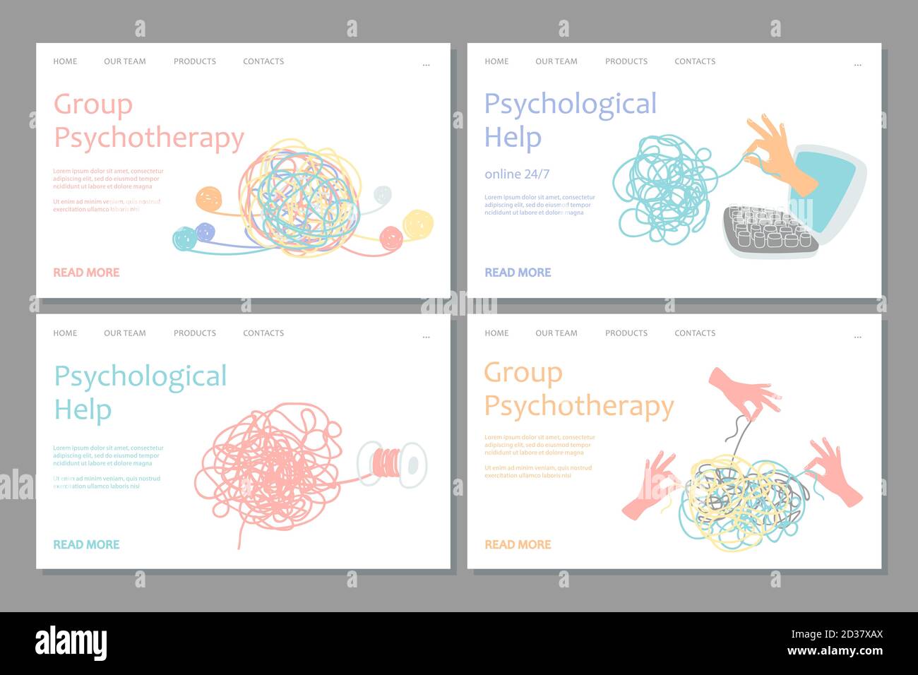 Vorlage für die Landing Page für Psychotherapie. Vektor psychologische Hilfe Web Banner Design. Illustration von Unterstützung und Beratung psychologische, Psychotherapie Webseite Stock Vektor
