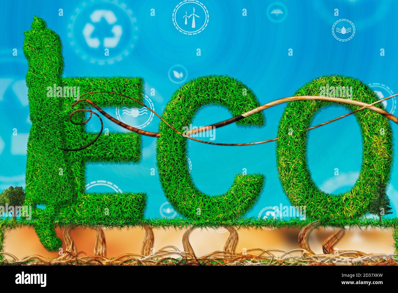 Eco-Girl Figur mit Ästen und Gras mit Symbol für erneuerbare Energie. Ökologische Biodiversität im Ökosystemkonzept. Hintergrund als Konzept der Energie Stockfoto