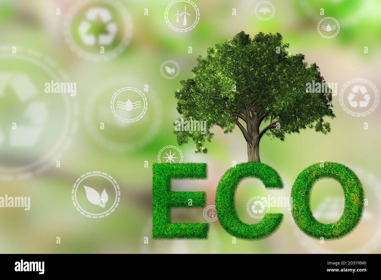 Ein Miniaturbaum mit Symbol für erneuerbare Energie. Ökologische Biodiversität im Ökosystemkonzept. Hintergrund als Konzept der Energieeffizienz. Konzept von Stockfoto