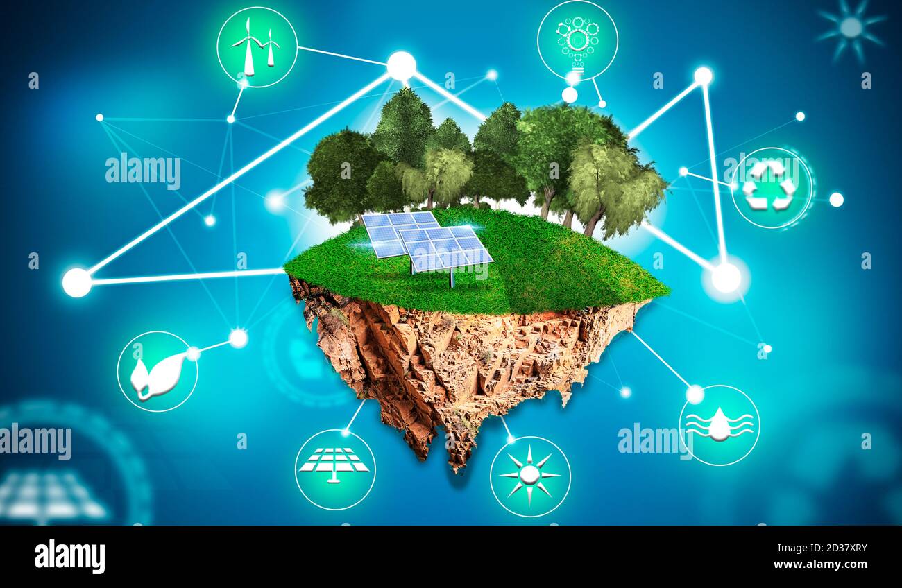 Insel mit Bäumen, Gras, Sonnenkollektoren und Symbolen als erneuerbare Energie Stockfoto