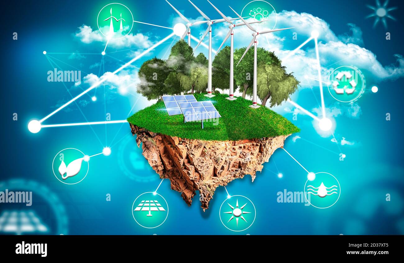 Insel mit Bäumen, Gras, Sonnenkollektoren, Windventilator und Symbolen als erneuerbare Energie Stockfoto
