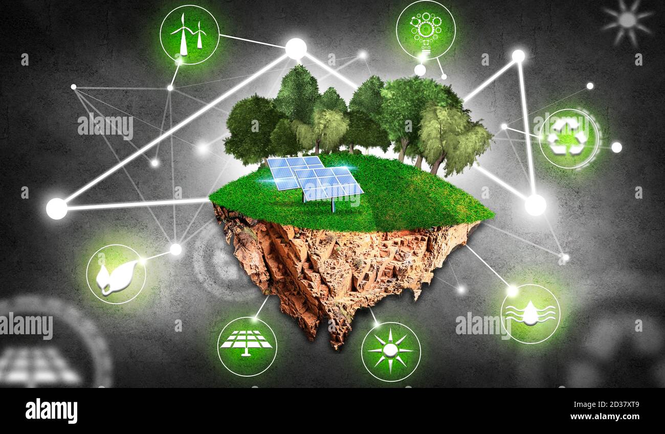 Insel mit Bäumen, Gras, Sonnenkollektoren und Symbolen auf dem Hintergrund blau als erneuerbare Energie. Konzept der erneuerbaren Energien Stockfoto