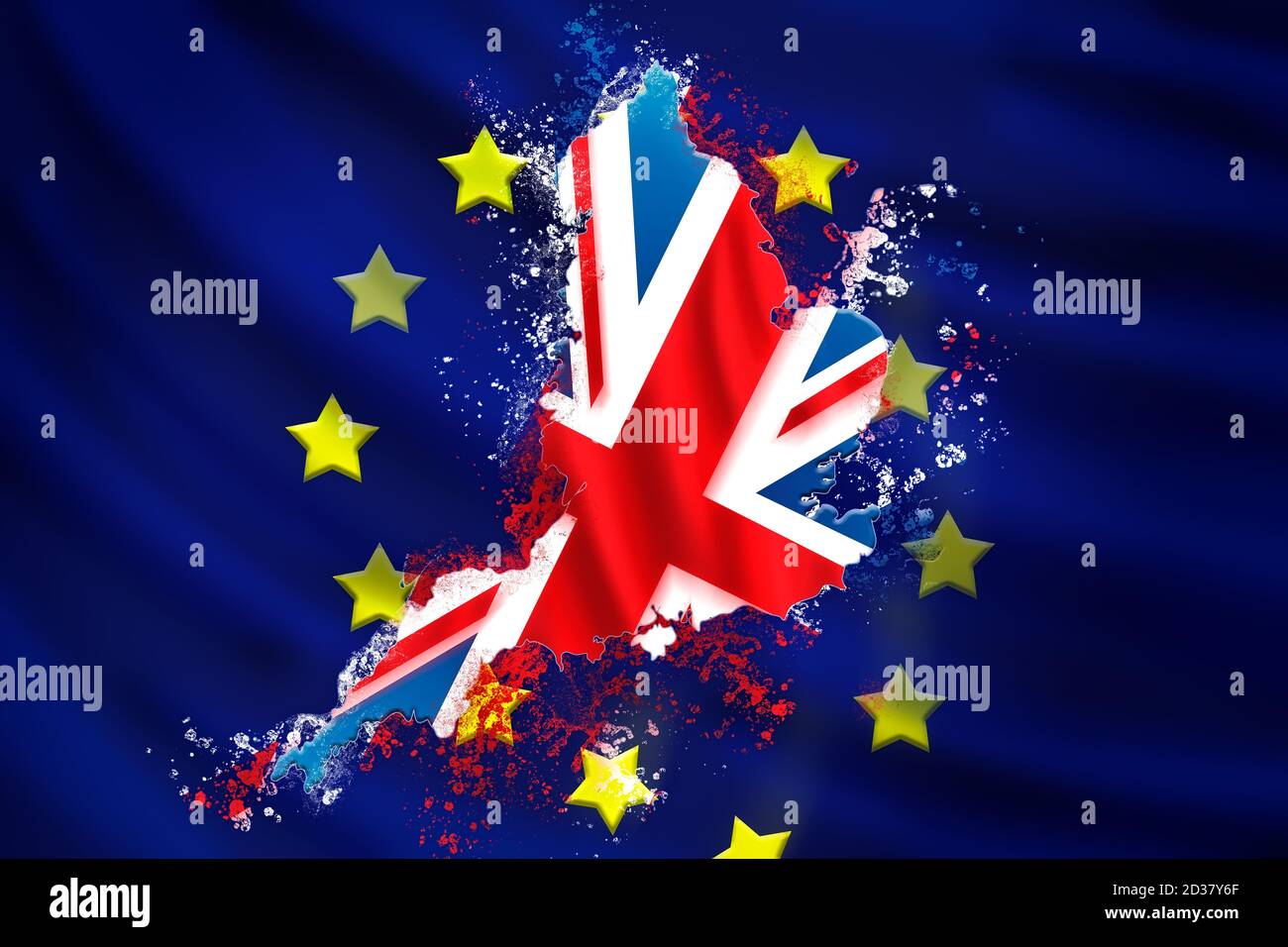 Britische Flagge sinkt auf europäische Flagge, die den Brexit des Vereinigten Königreichs mit Europa repräsentiert. Politisches und geschäftliches Konzept Stockfoto