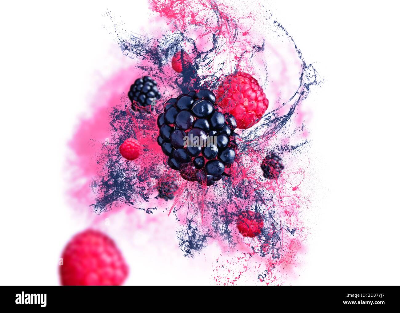 Himbeeren und Brombeeren fallen aus der Luft auf weißem Hintergrund mit Fruchtsaft. Konzept der Levitation von Lebensmitteln, hochauflösendes Bild Stockfoto