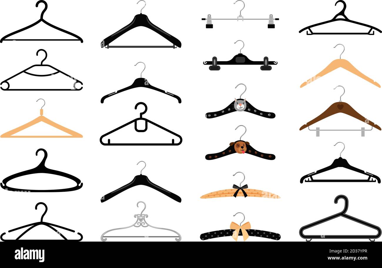 Kleiderbügel Set. Mantel und Kleid bunte Kleiderbügel auf weißem Hintergrund, Holz Metall und Baby leere Mode Kleidung Haken isoliert Stock Vektor