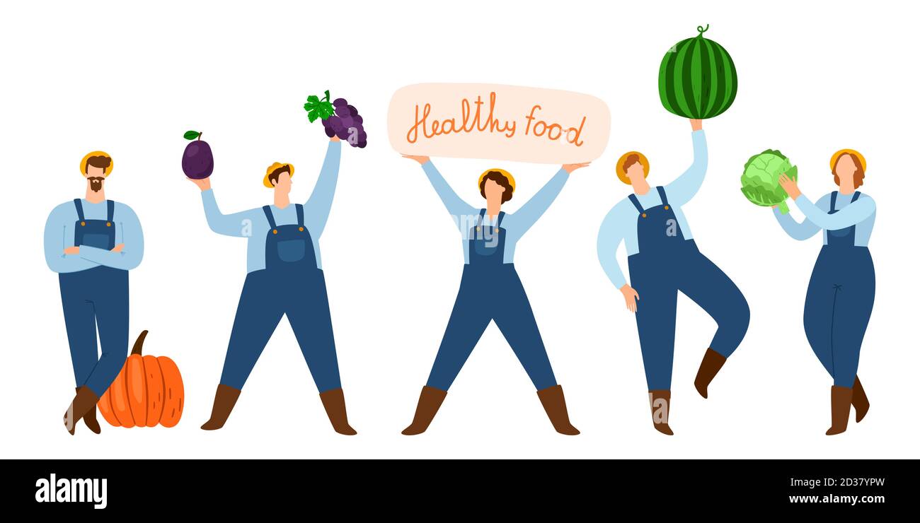 Farmers Figuren. Flache Bauern mit Obst, Gemüse. Vektorgrafik Erntemarkt Stock Vektor