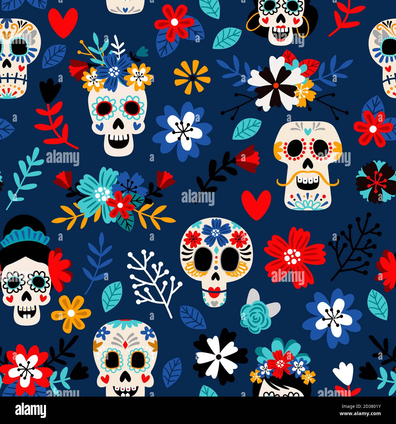 Tag des toten Musters. Dia de los muertos Mexican Festival nahtlose Farbmuster mit toten Farben Zucker Schädel, Blumen und Herzen Dekoration bunte Vektor Hintergrund Stock Vektor