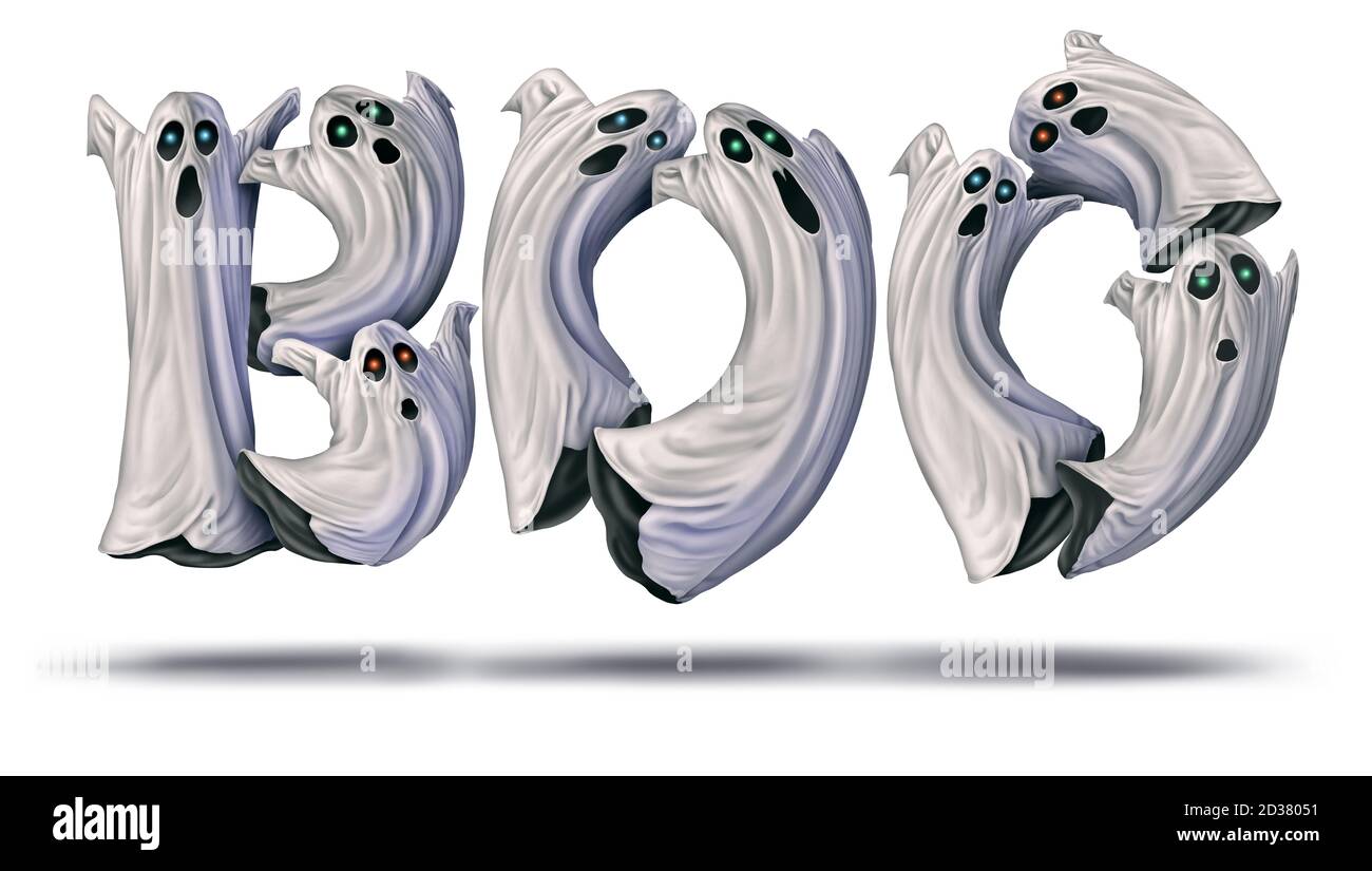 Boo Text aus niedlichen halloween fliegenden Geist und gruselige Geister in einem 3D-Illustration-Stil auf weißem Hintergrund. Stockfoto