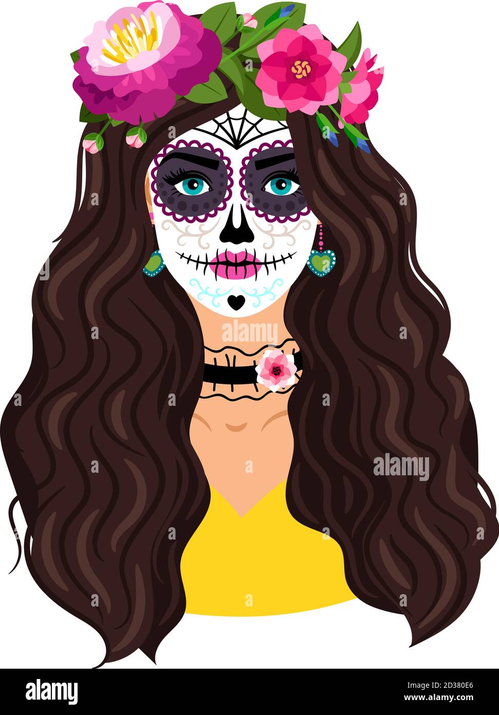 Tag des toten Mädchens. Frau Zucker Kopf Make-up für mexikanische Partei auf Dia de los muertos, Totenschädel weibliche Gesicht Vektor Illustration für gruselige halloween-Festival Stock Vektor