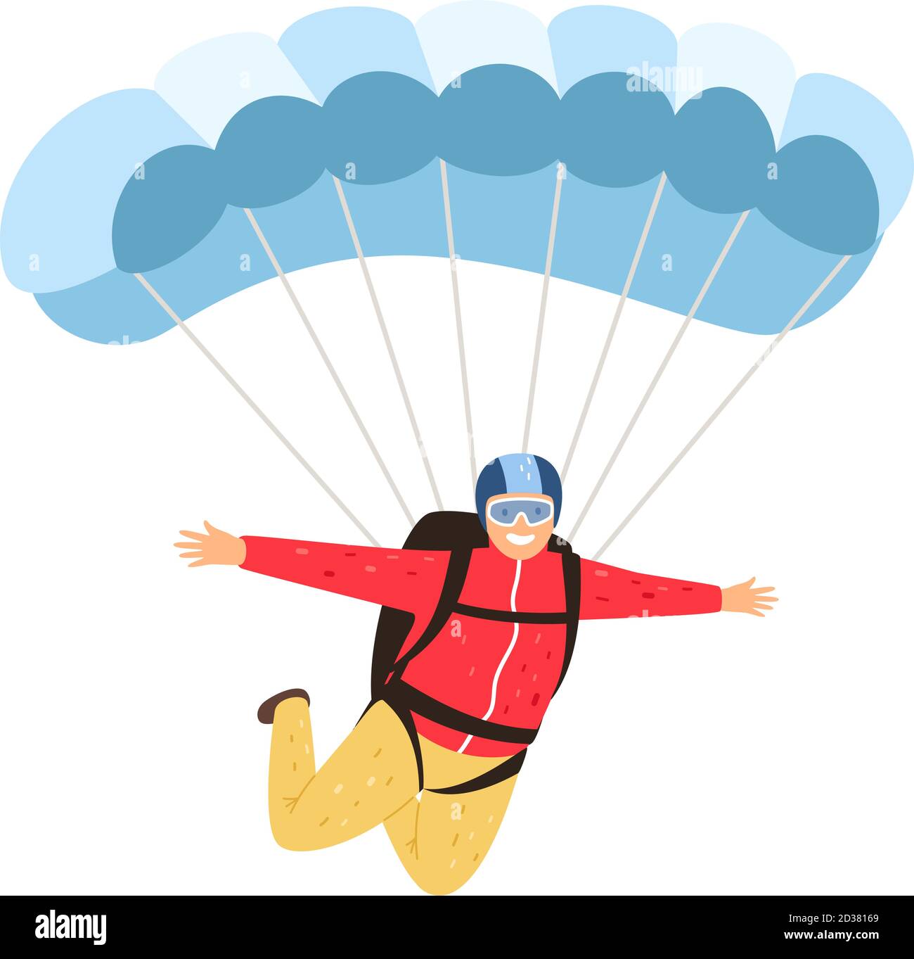 Fallschirmspringer isoliert. Gemächlicher Fallschirmspringer isoliert auf weißem Hintergrund, Fallschirmspringer Mann in Himmel, Fallschirm Lifestyle Freizeit Aktivität und Menschen Abenteuer, Vektor-Illustration Stock Vektor