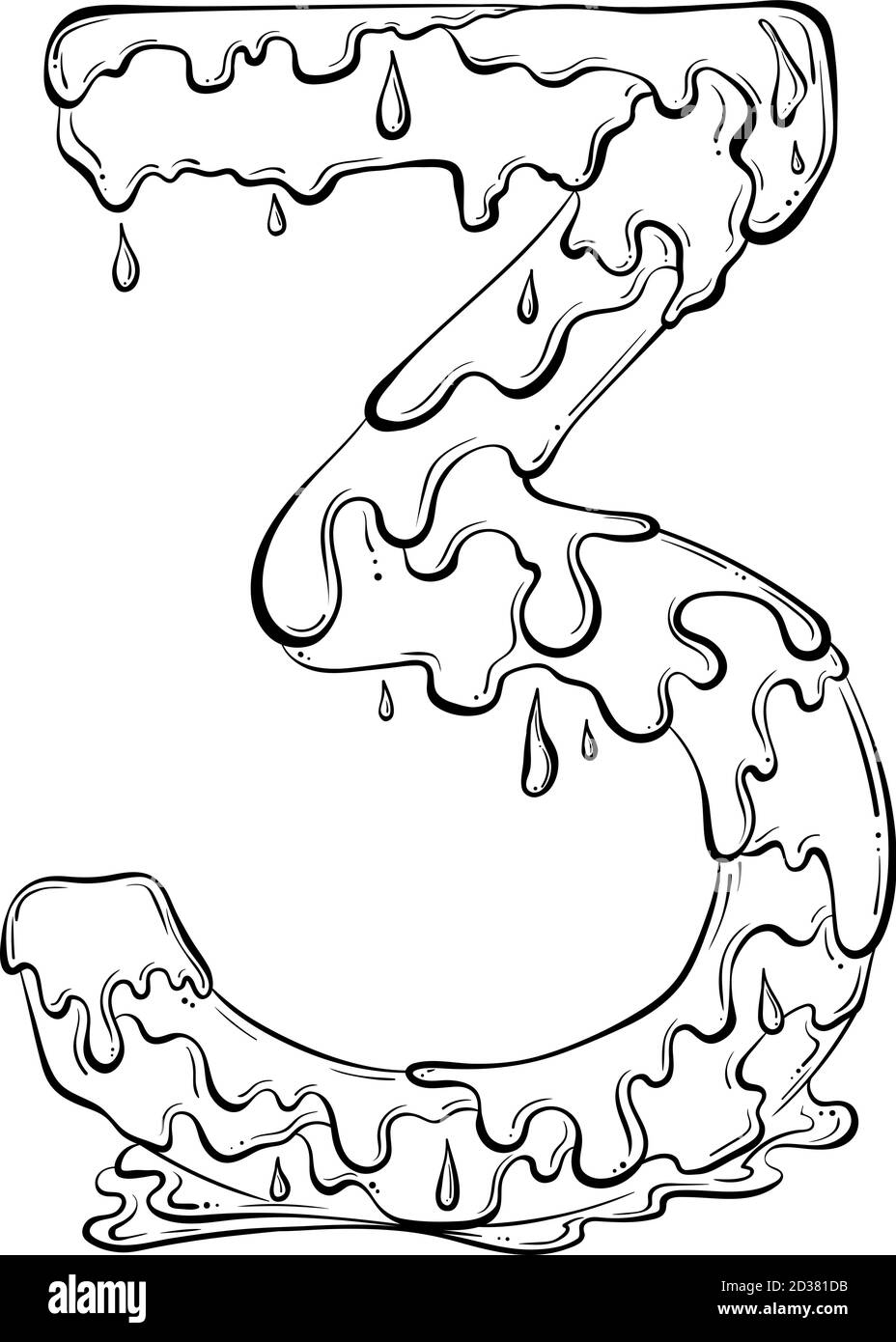 Nummer 3 mit Wassertropfen und Goo-Spritzer. Symbol für tropfende Flüssigkeit. Vektor trendy Schriftart in Hand gezeichnet Linie Art Stil isoliert auf weißem Hintergrund. Slime-Logo oder Anfangsbuchstaben. Stock Vektor