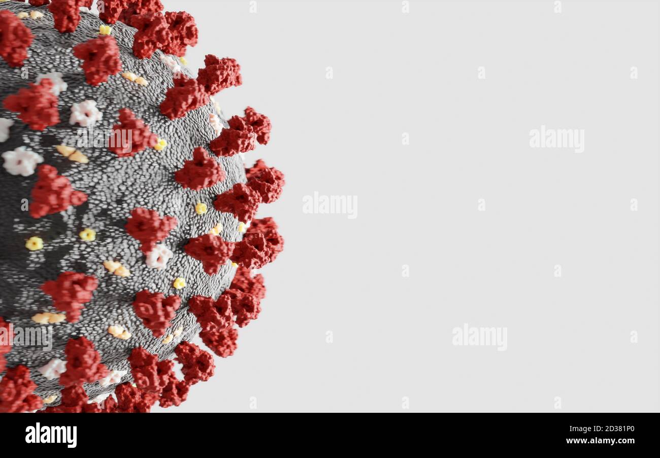 Corona-Viruspartikel (SARS-CoV-2, Covid 19). Ein genaues und aktualisiertes 3d-Modell, das auf wissenschaftlichen Strukturdaten der Protein-Datenbank basiert. Stockfoto