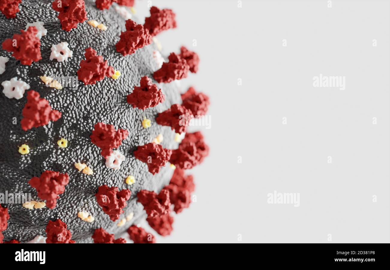 Corona-Viruspartikel (SARS-CoV-2, Covid 19). Ein genaues und aktualisiertes 3d-Modell, das auf wissenschaftlichen Strukturdaten der Protein-Datenbank basiert. Stockfoto