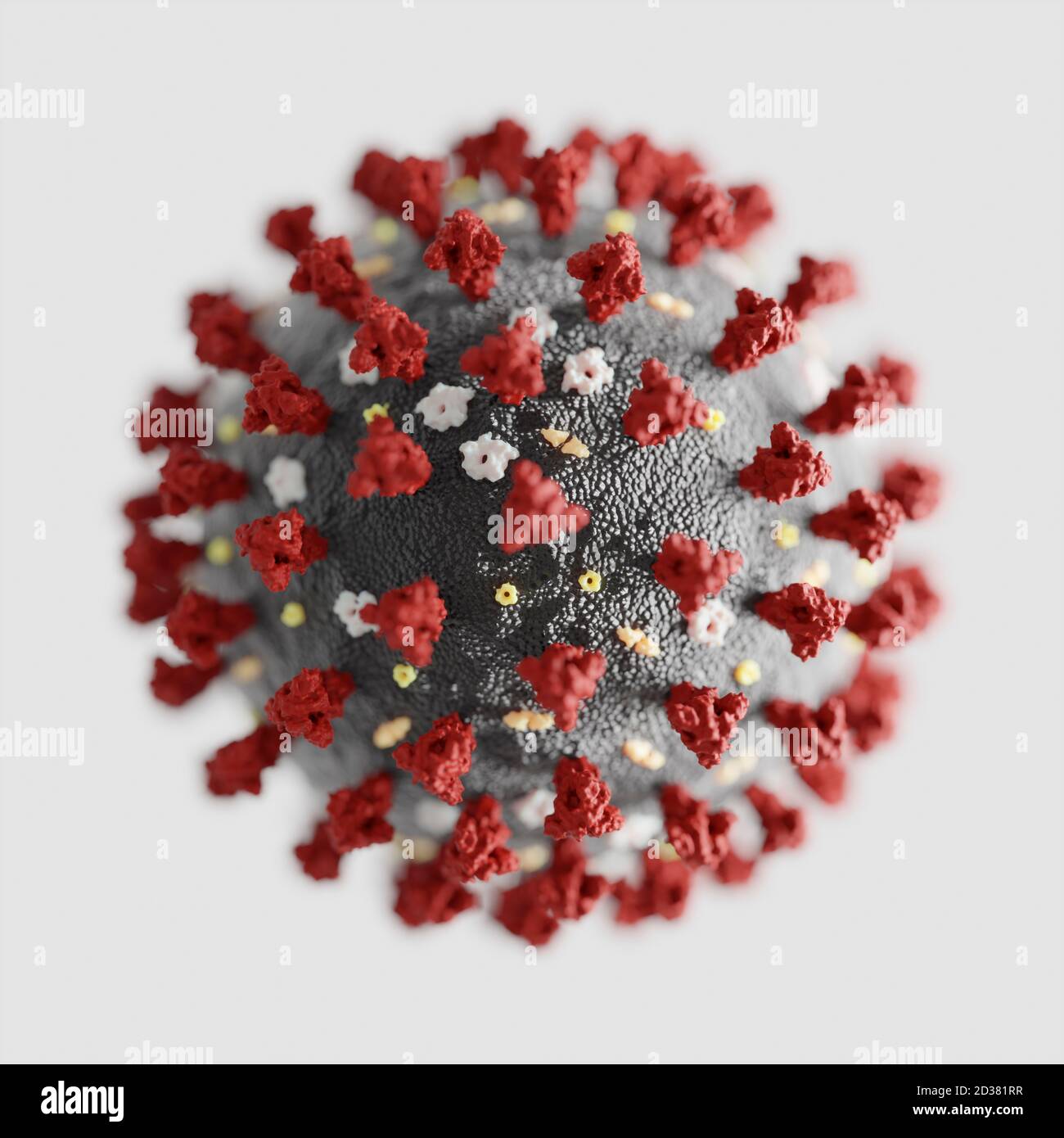 Corona-Viruspartikel (SARS-CoV-2, Covid 19). Ein genaues und aktualisiertes 3d-Modell, das auf wissenschaftlichen Strukturdaten der Protein-Datenbank basiert. Stockfoto