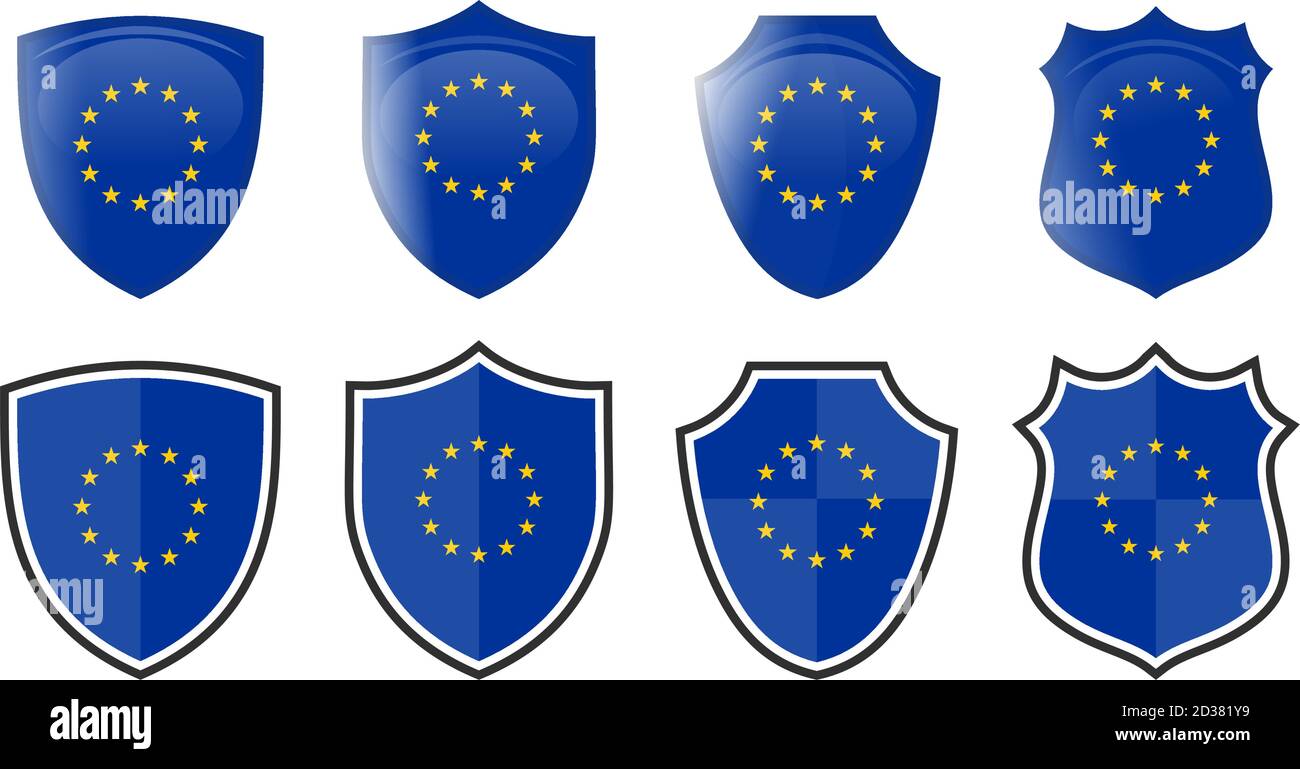 Vertikale EU-Flagge in Schildform, vier 3d- und einfache Versionen. Symbol/Zeichen der Europäischen Union Stock Vektor