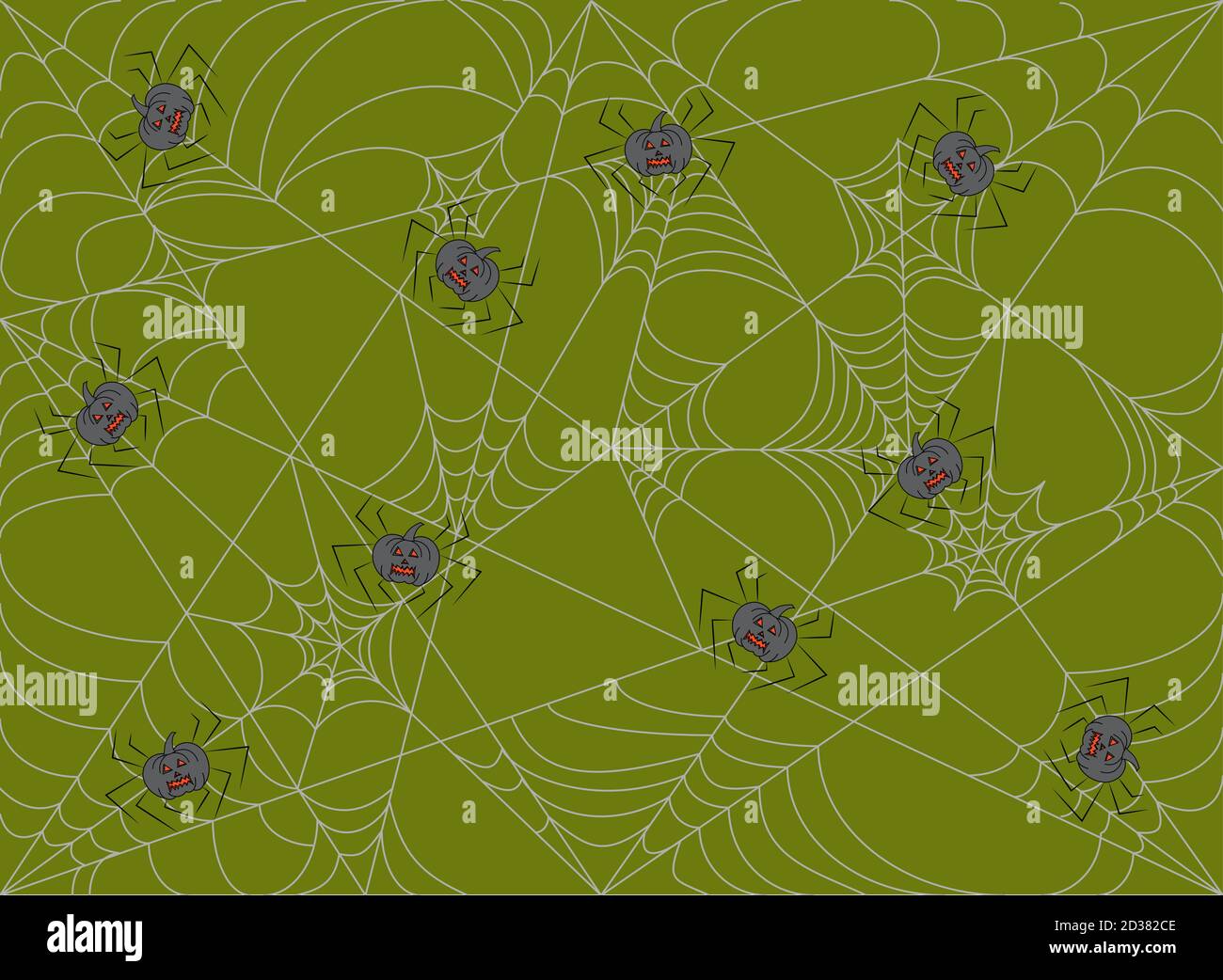 Grüner Hintergrund mit Spinnennetz und Kürbissen Stock Vektor