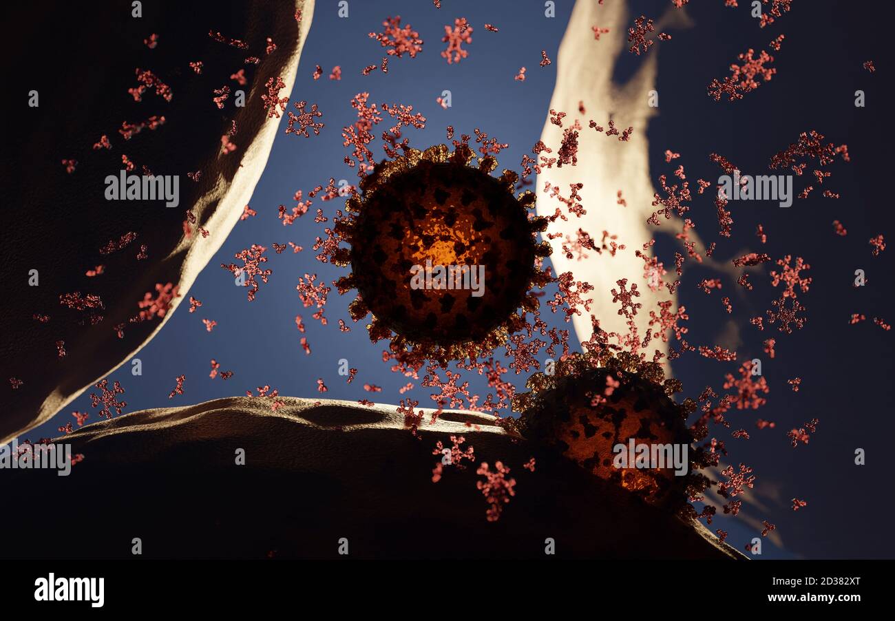 Corona-Virus (Covid 19) infiziert eine Zelle. Anitibodies sind vorhanden. Ein genaues Modell, das auf wissenschaftlichen Strukturdaten der Protein-Datenbank basiert. Stockfoto