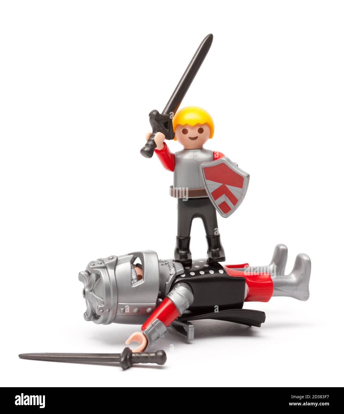 Playmobil Duel Szene isoliert auf weißem Hintergrund Stockfoto