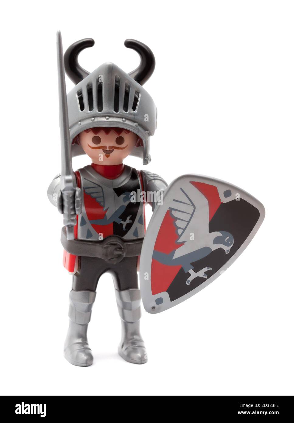 Playmobil Knight Figur isoliert auf weißem Hintergrund Stockfoto